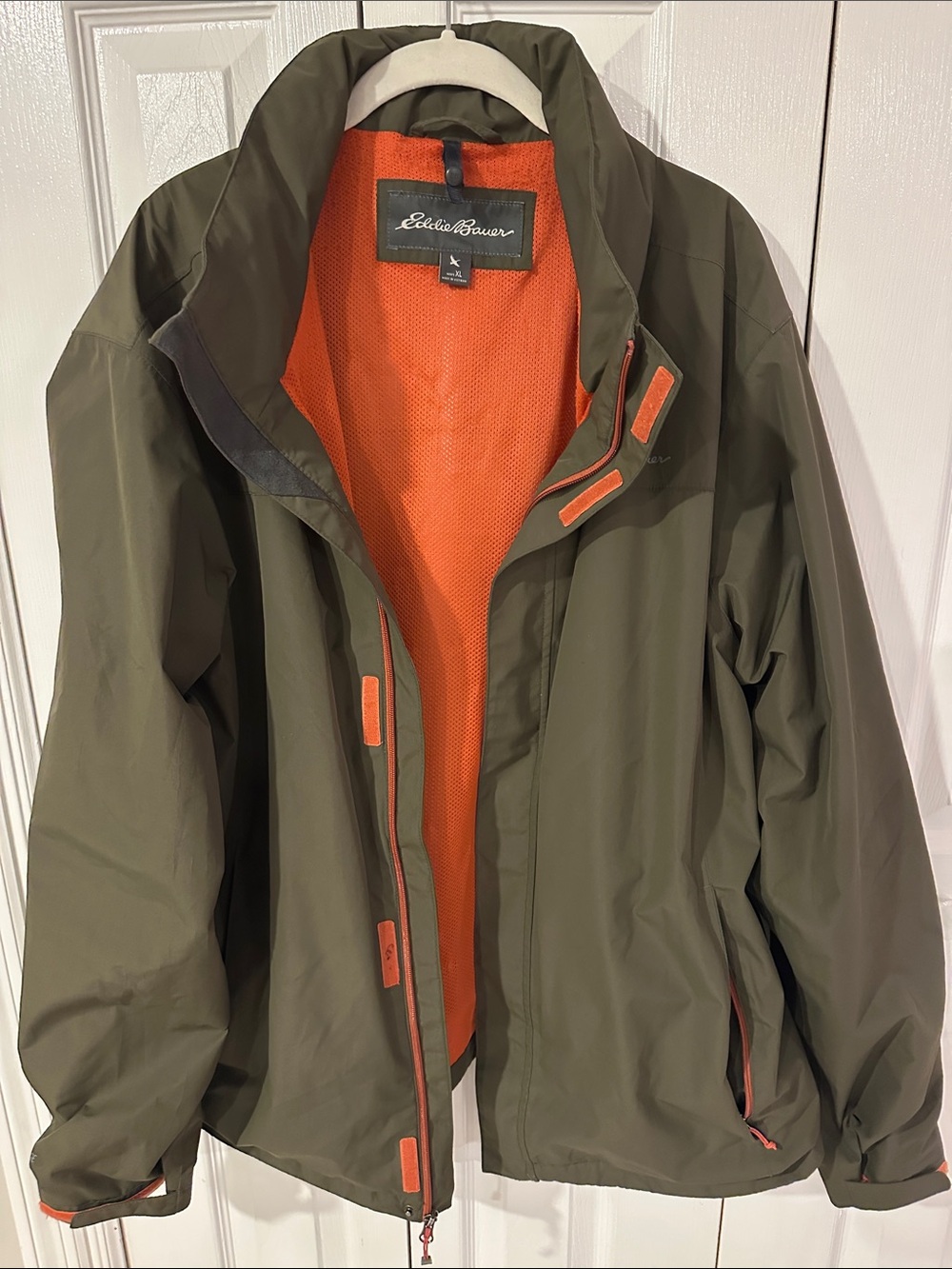 Eddie Bauer Olive Green Raincoat with Orange Lining | XL